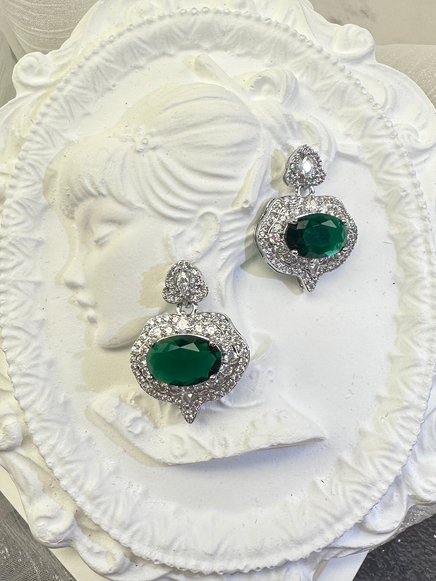 Imperial Forest Green Oval-Cut Baroque Shield Drop Earrings