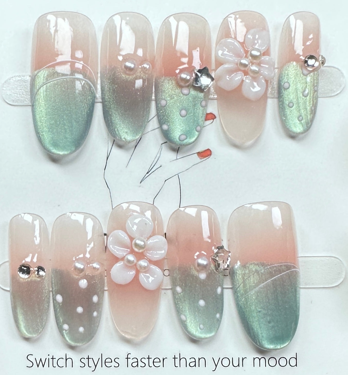 Artisan Cat-Eye Green & Floral Press on Nails Australia | Medium Oval |Daily Nails | Handmade Press on Nails