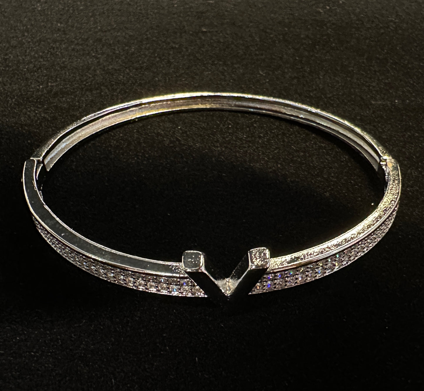 Virtue V-Bangle | Silver Tone Double Row Stone Bangle