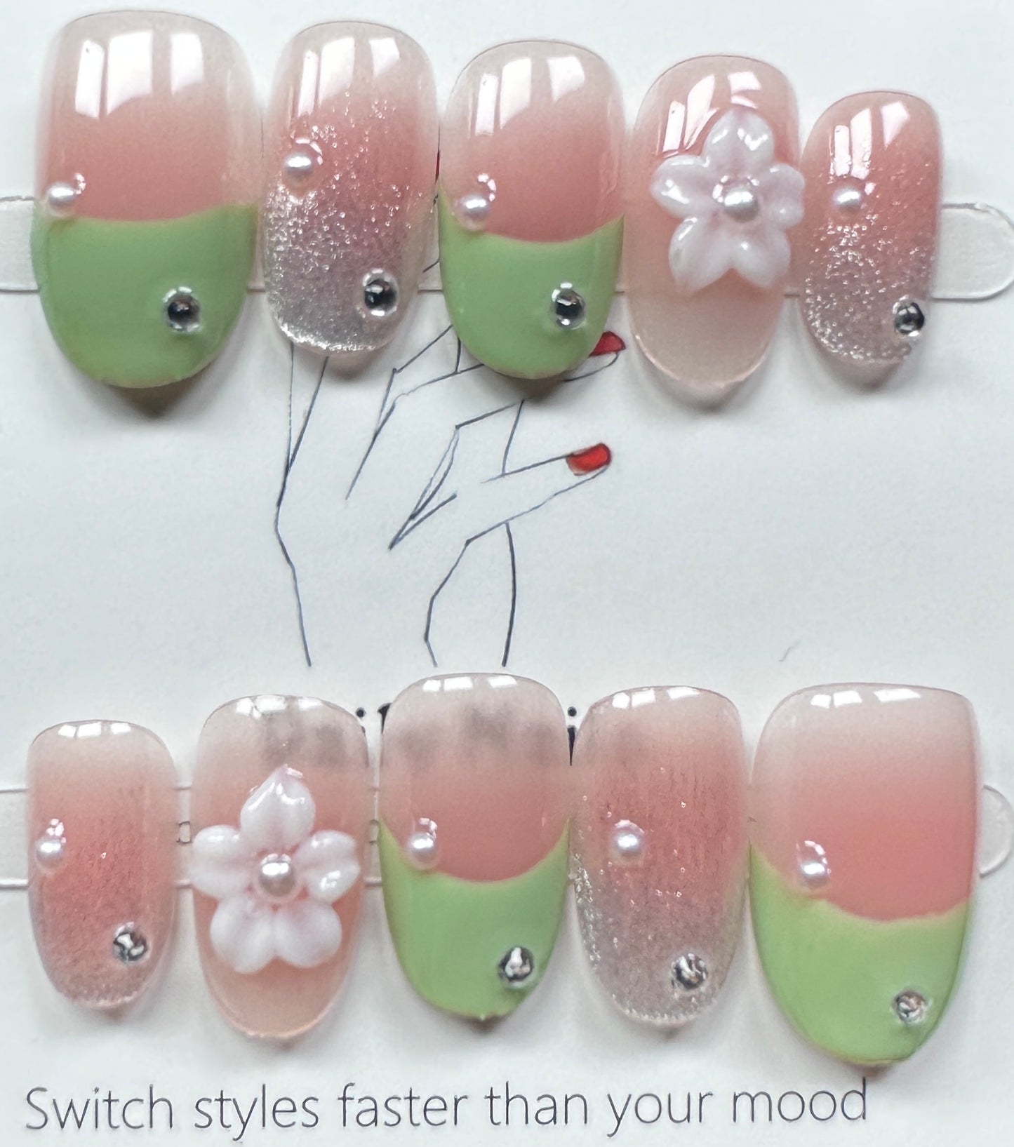 Matcha Green & Pink Floral Press on Nails Australia | Short Oval |Daily Nails | Handmade Press on Nails