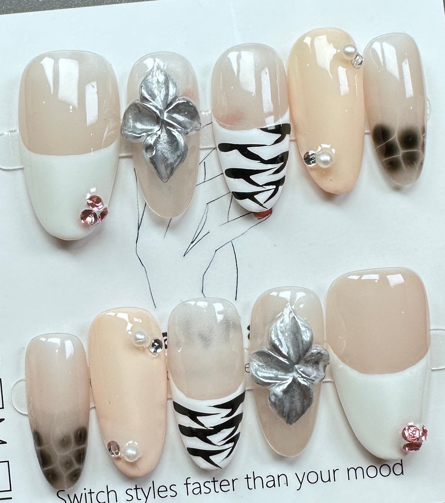 Mixed Media Artistic Press on Nails Australia | Medium Oval |Daily Nails | Handmade Press on Nails
