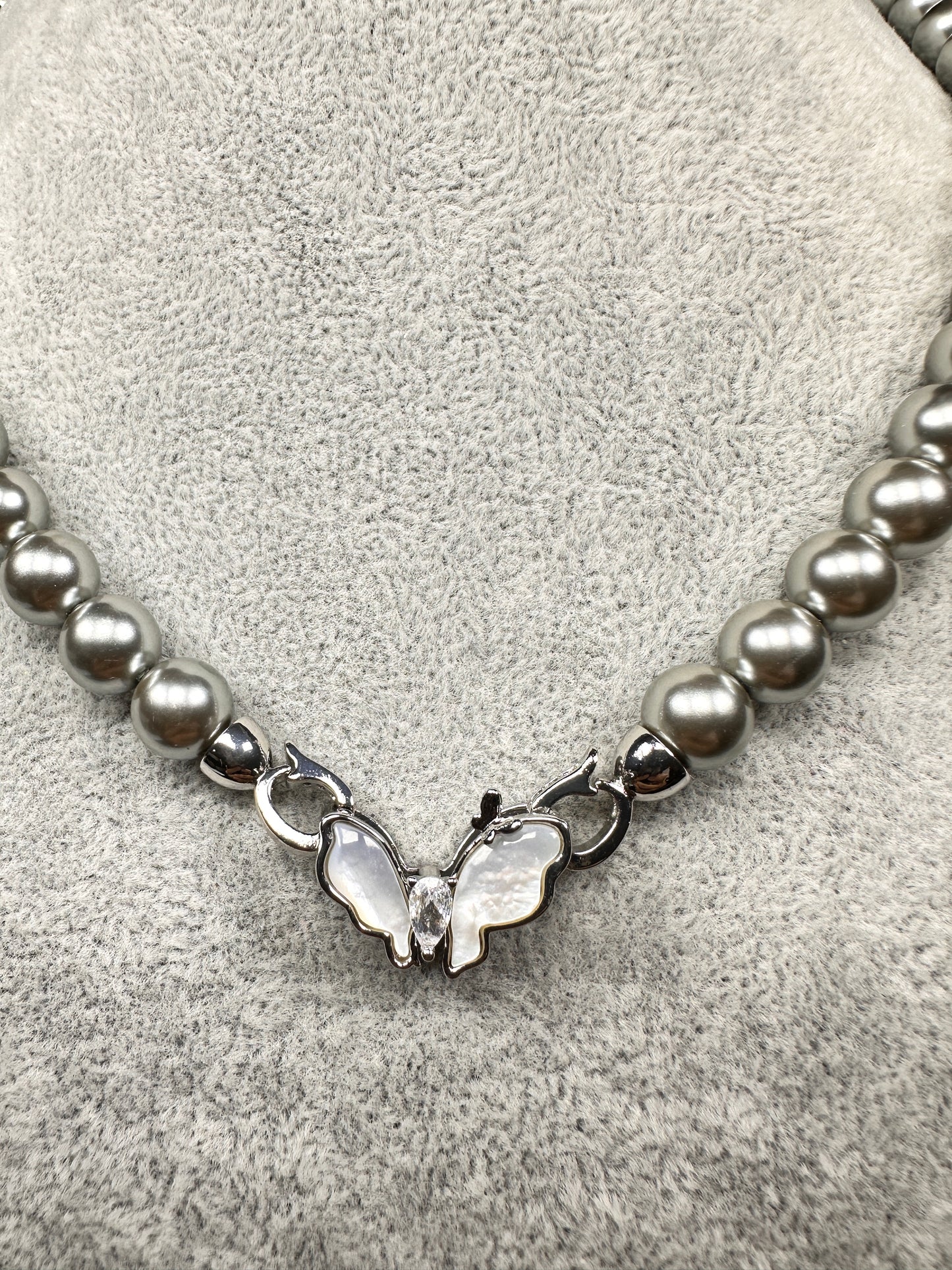 Perched Butterfly Grey Pearl Necklace