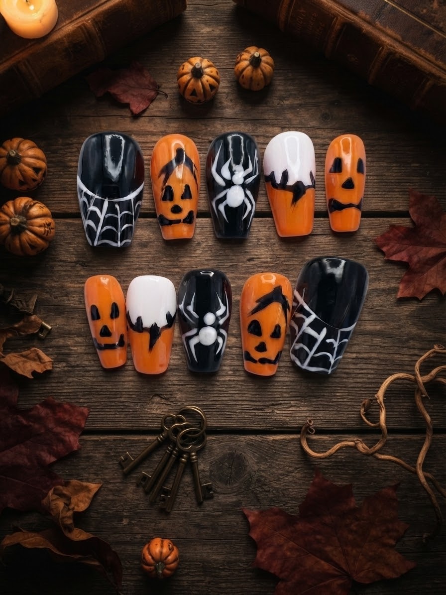 Halloween Coffin Press-On Nails – Pumpkin & Spiderweb Art | DNDS