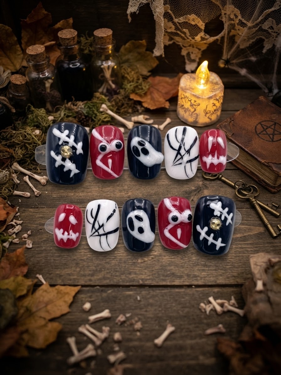 Halloween Short Square Press-On Nails – Ghost & Mummy Art | DNDS