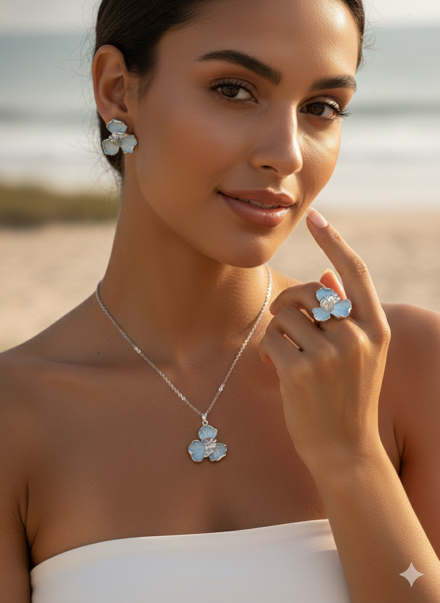 Azure Bloom Trio Set (Necklace, Earrings, Ring)