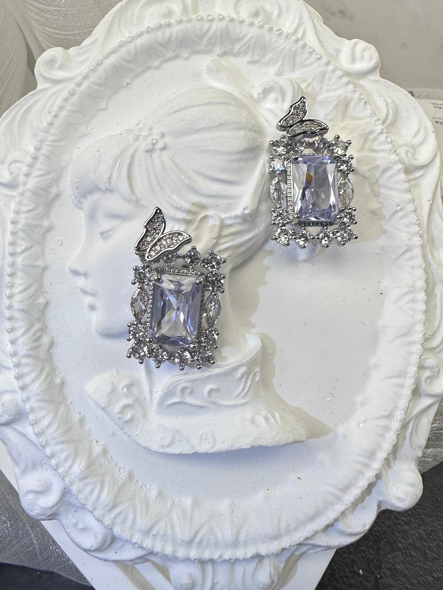 Majestic Radiant-Cut Solitaire Studs with Pave Butterfly Accent