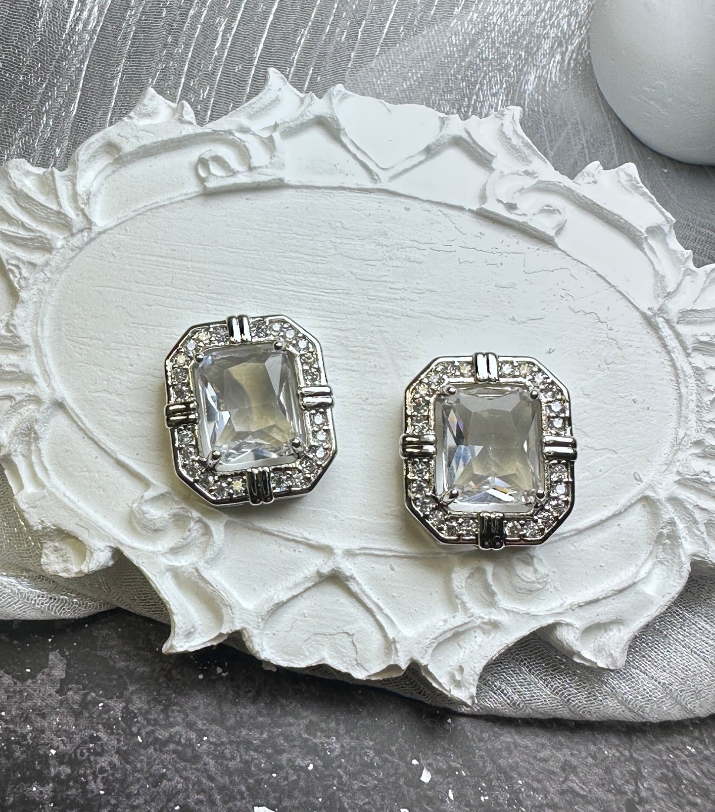 Brilliant Icy White Radiant-Cut Geometric Halo Stud Earrings