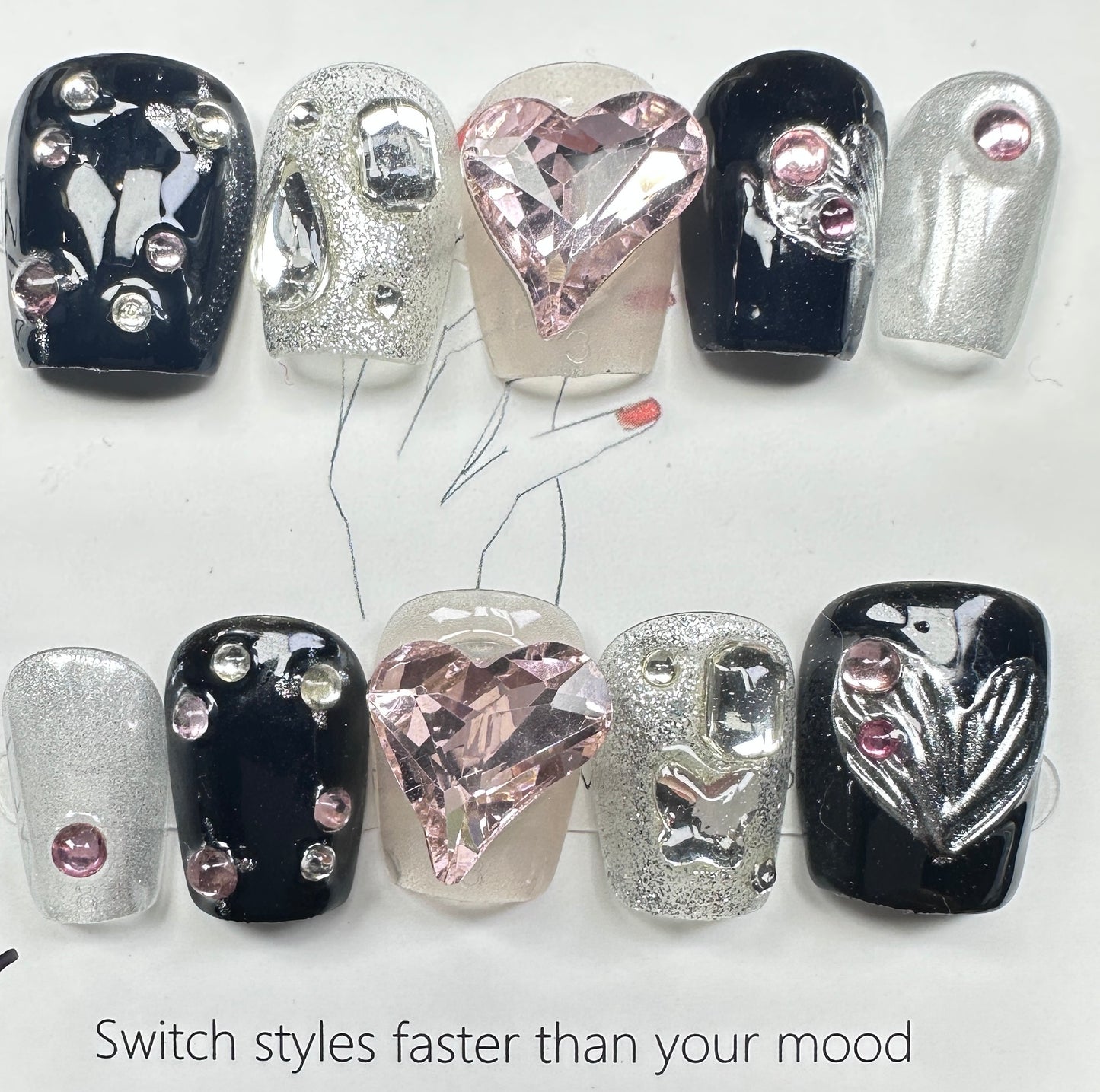 Cool Y2K Dark Romance & Luxury Pink Crystal Heart Press on Nails Australia | Short Square | Daily Nails | Handmade Press on Nails |