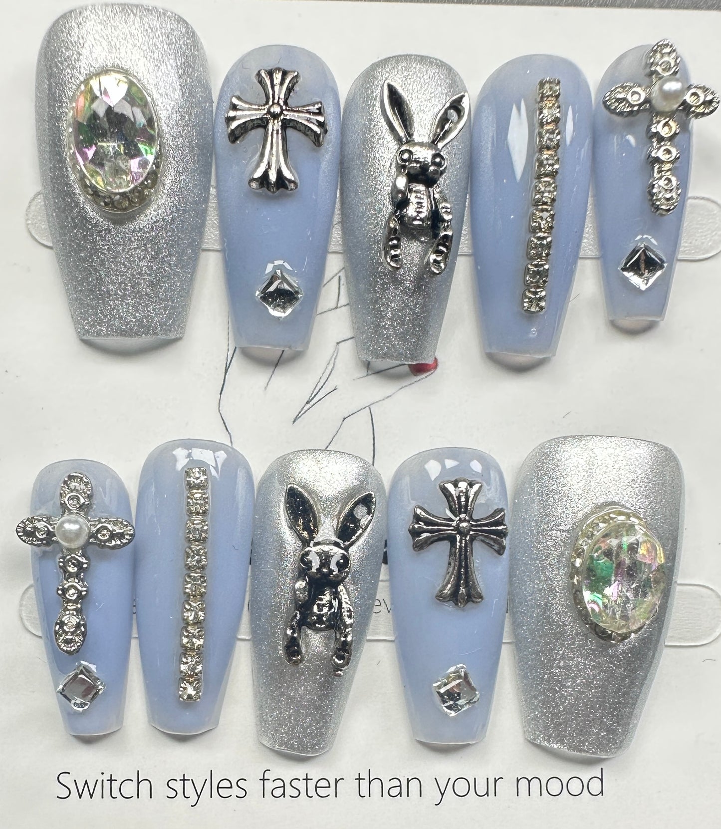 Cool Chrome Punk Rabbit & Icy Cat-Eye Press on Nails Australia | Medium Coffin | Daily Nails | Handmade Press on Nails |