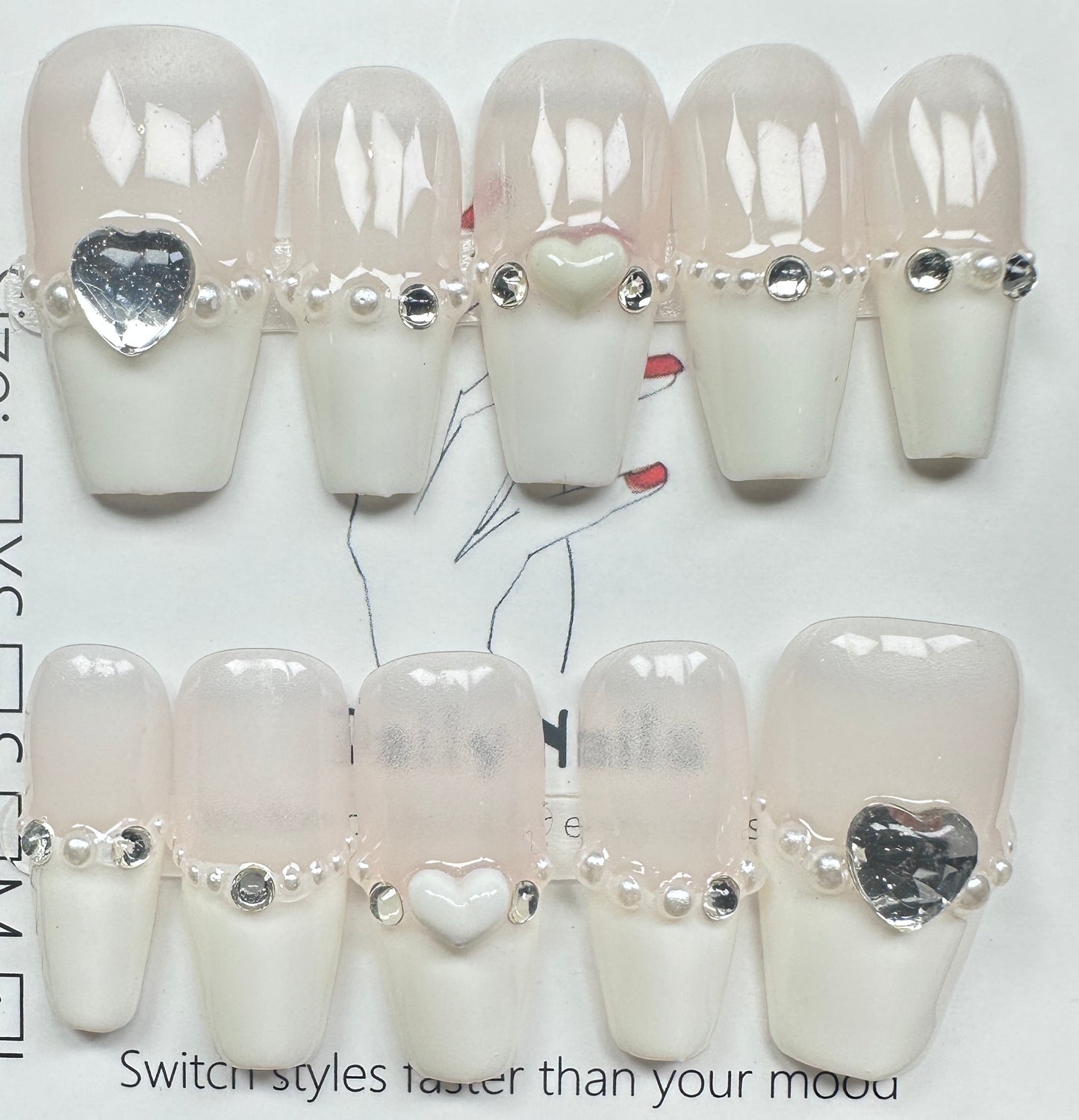 Elegant Milky White French & Crystal Heart Press on Nails Australia | Medium Coffin | Daily Nails | Handmade Press on Nails |