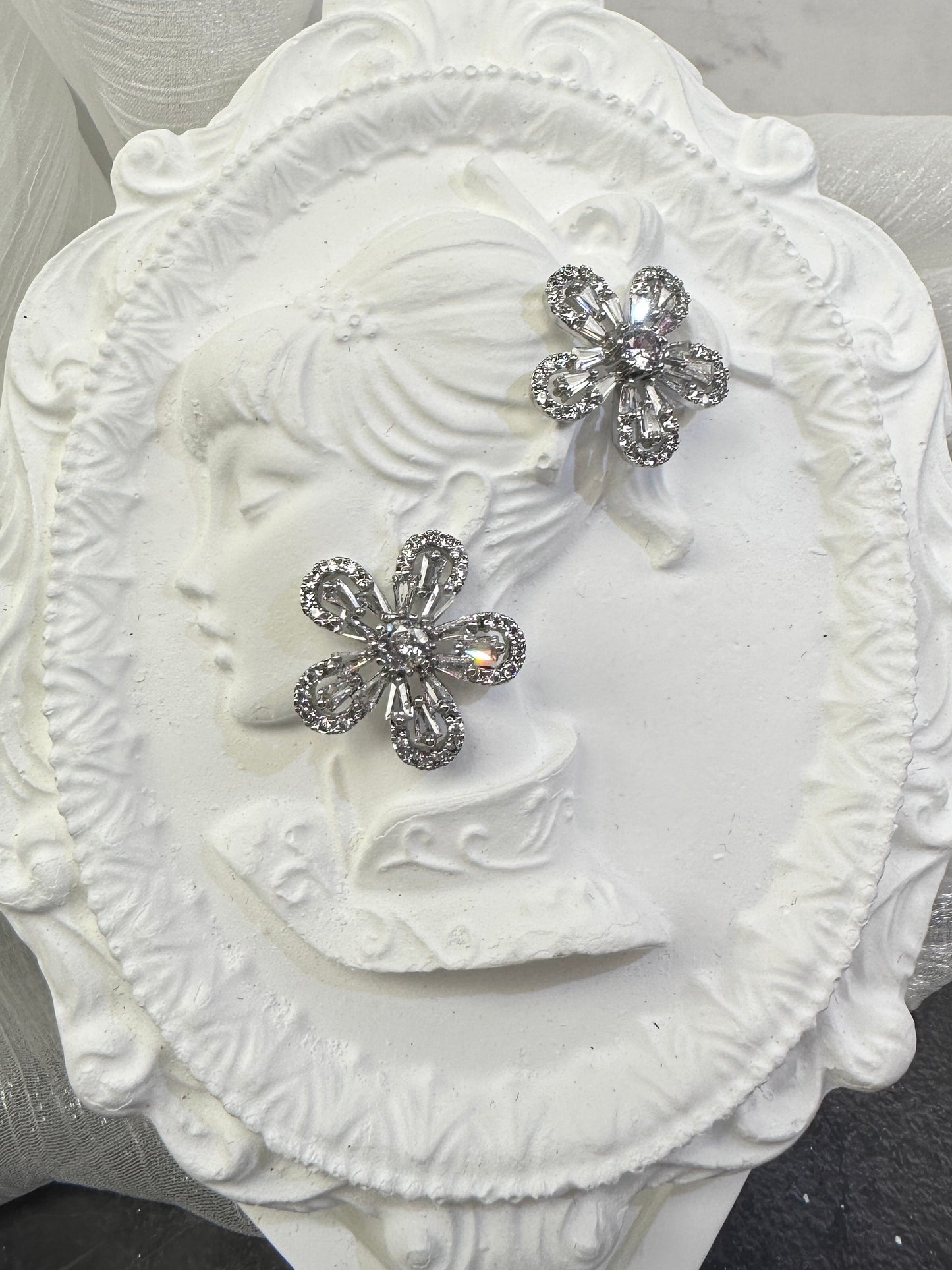 Brilliant Icy White Baguette-Cut Floral Medallion Stud Earrings