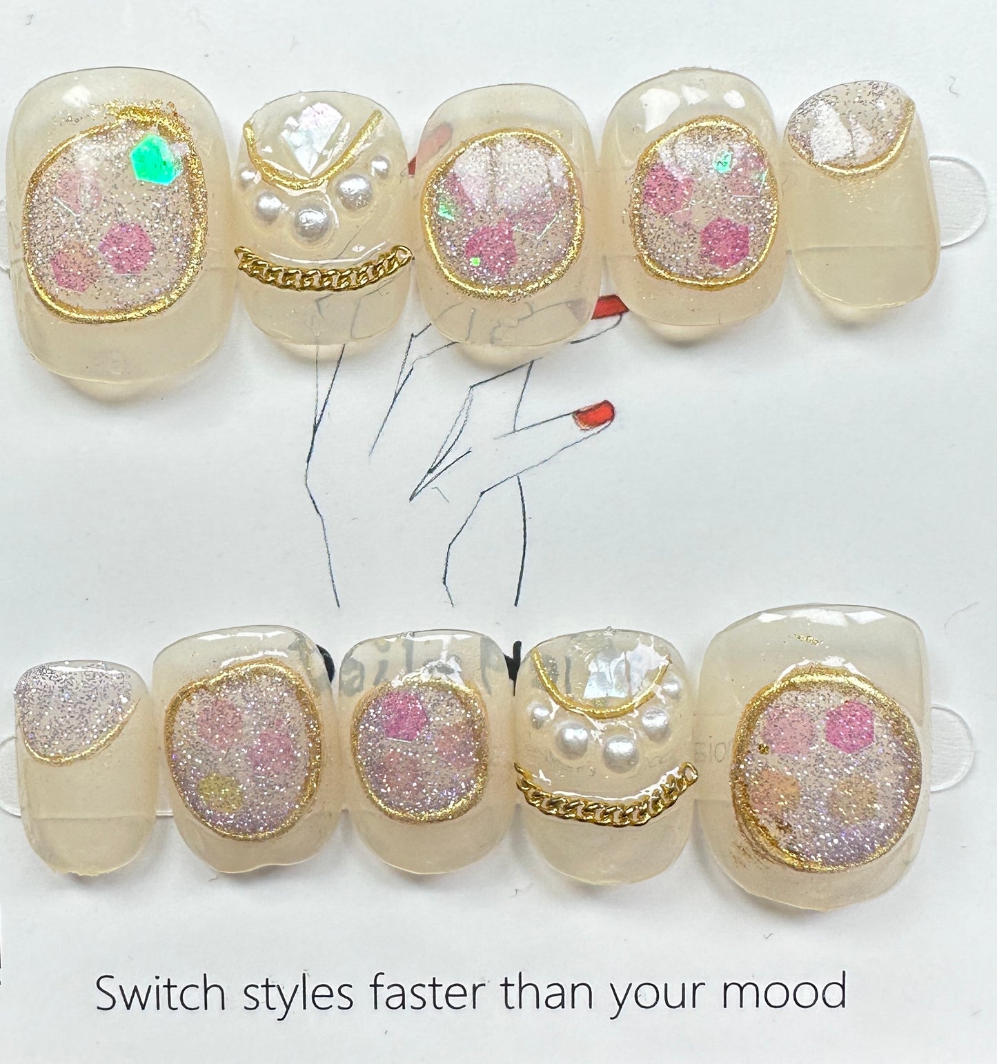 Baroque Gold Rim & Pink Glitter Press on Nails Australia | Short Square|Daily Nails | Handmade Press on Nails |