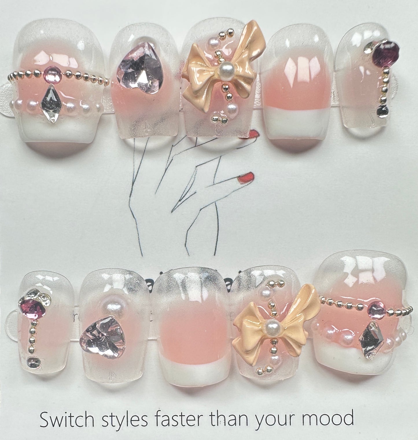 Luxury Coquette Ribbon & Crystal Heart Press on Nails Australia | Short Square | Daily Nails | Handmade Press on Nails |