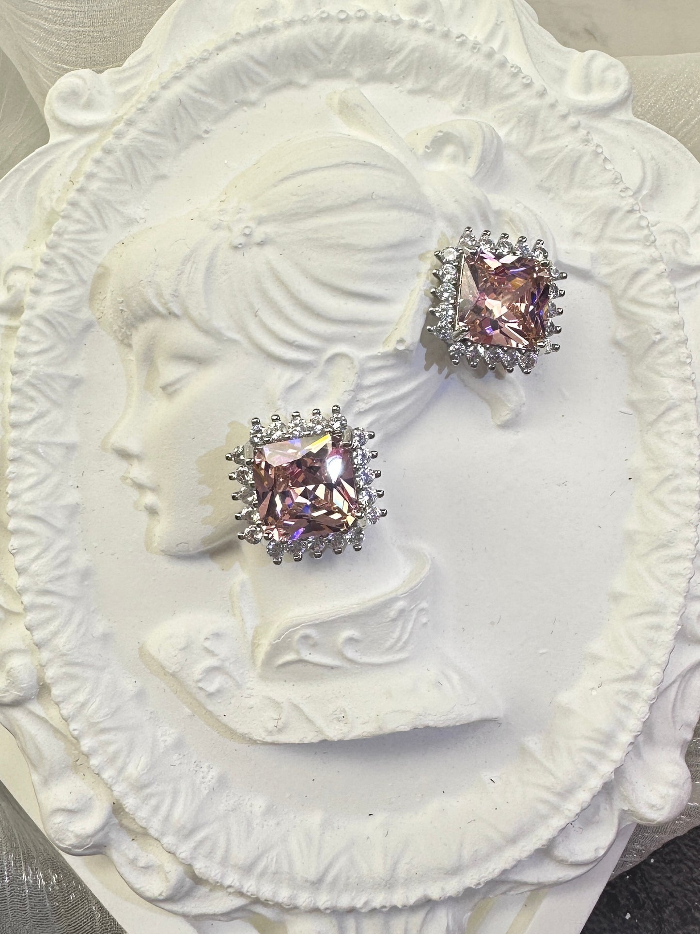 Majestic Blush Pink Radiant-Cut Starburst Halo Stud Earrings