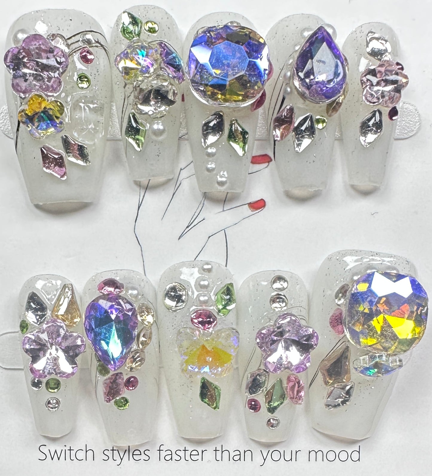 Luxury Galaxy Crystal & Aurora Floral Press on Nails Australia | Medium Coffin | Daily Nails | Handmade Press on Nails |