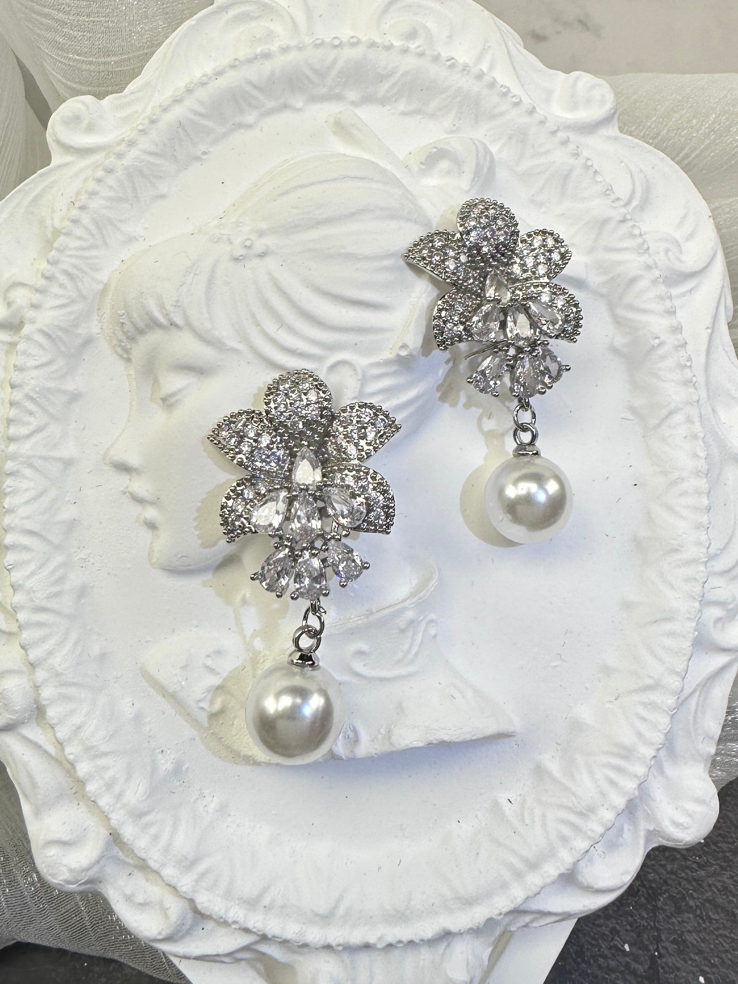 Brilliant Icy White Floral Cluster & Round Pearl Drop Earrings