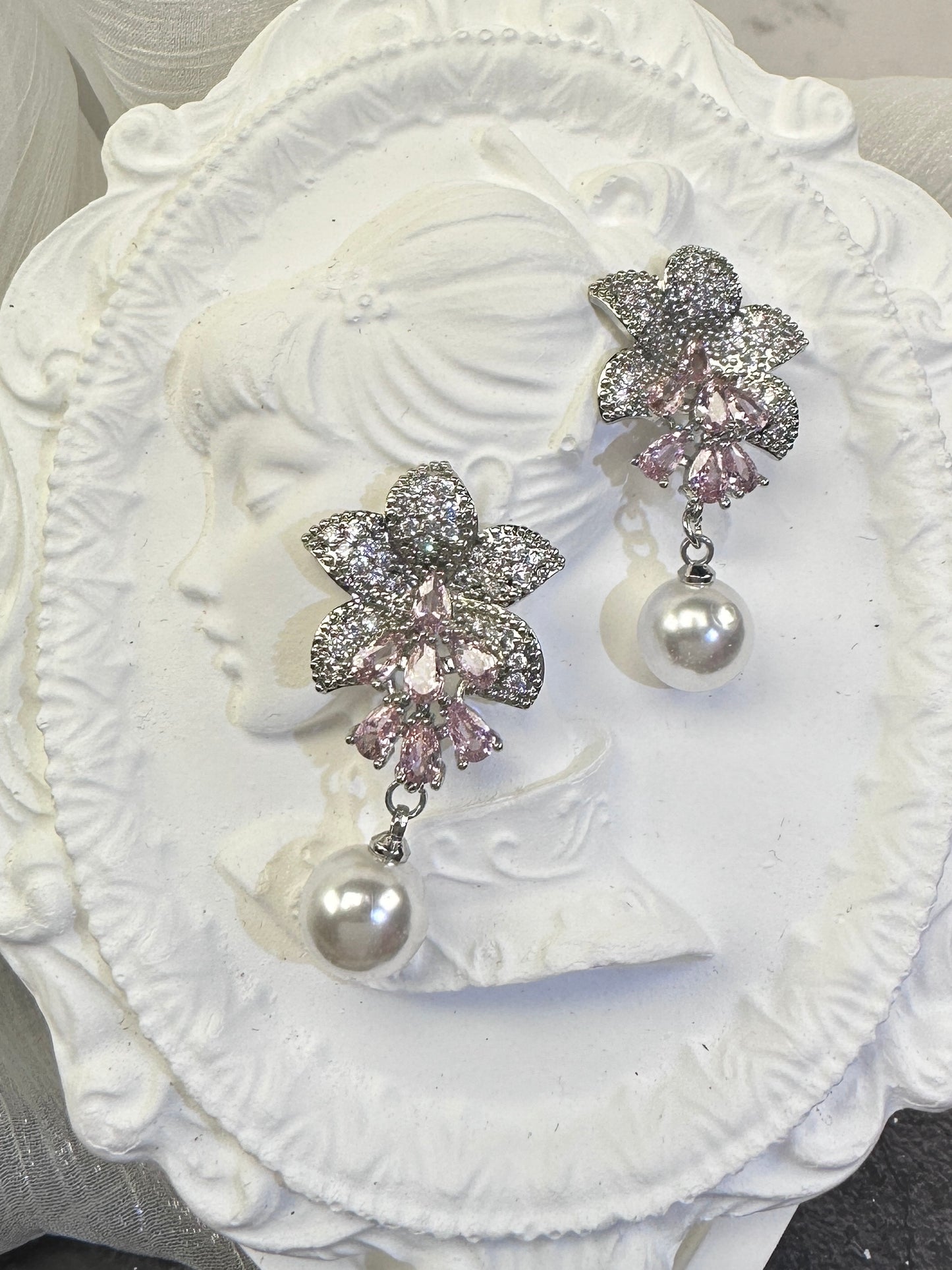 Ethereal Blush Pink Floral Cluster & Round Pearl Drop Earrings