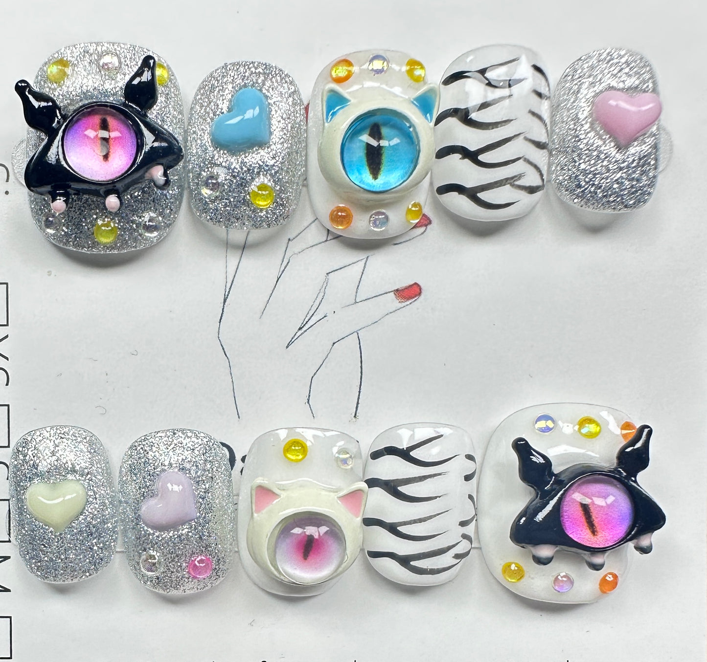 Cool Cyber Y2K Monster Eyes & Zebra Stripe Press on Nails Australia | Short Square | Daily Nails | Handmade Press on Nails |