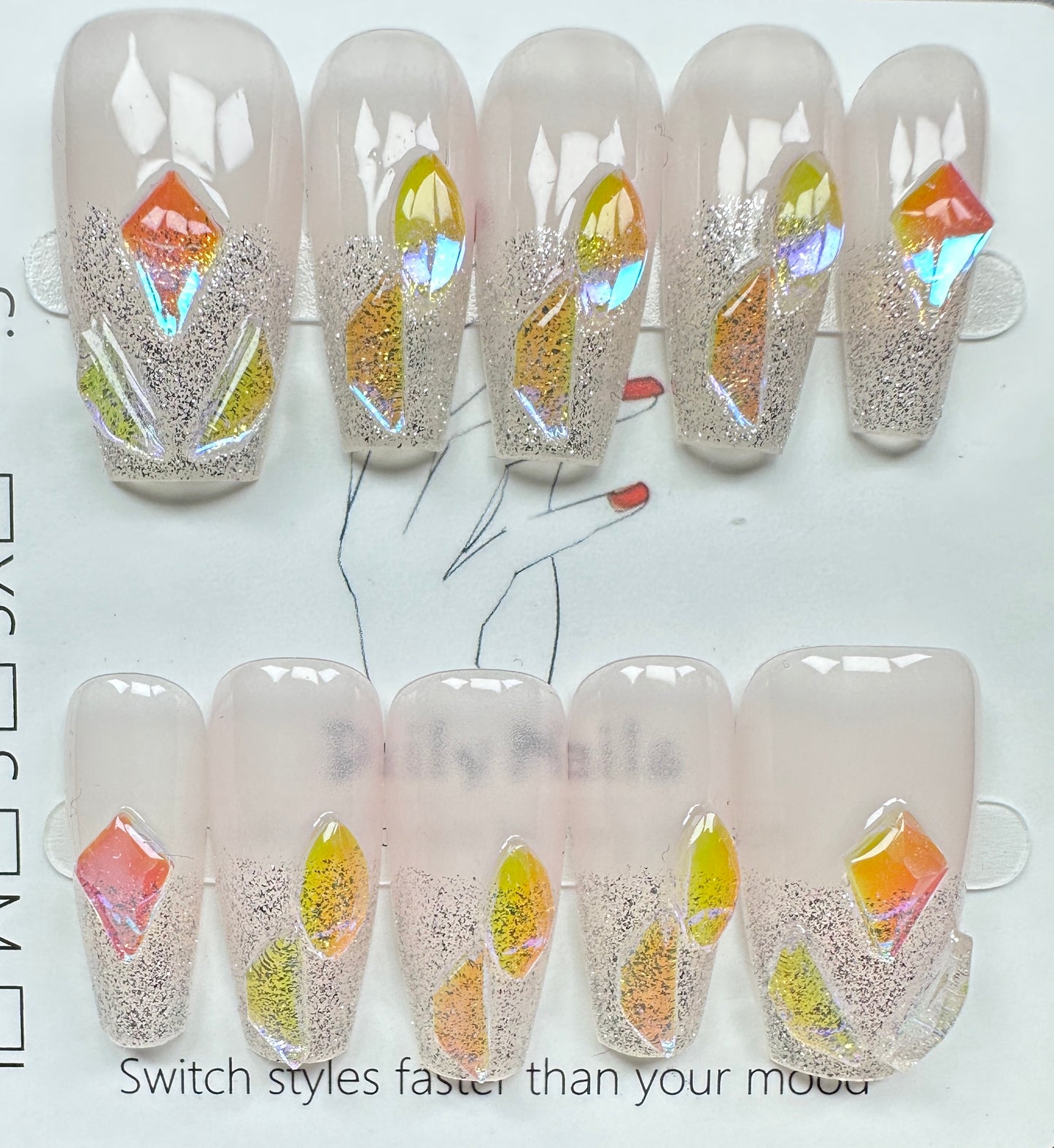 Aurora Crystal & Glitter Ombre Press on Nails Australia | Medium Coffin|Daily Nails | Handmade Press on Nails |