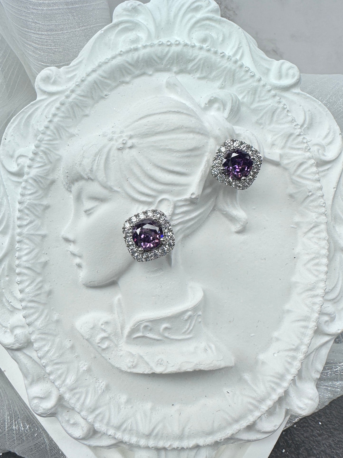 Mystique Royal Purple Cushion-Cut Halo Stud Earrings