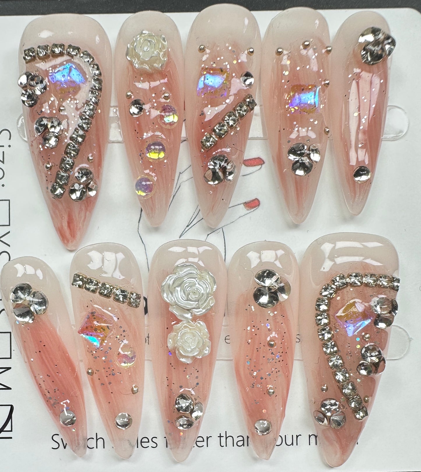 Luxury Baroque Camellia & Aurora Crystal Tassel Press on Nails Australia | Long Stiletto | Daily Nails | Handmade Press on Nails |