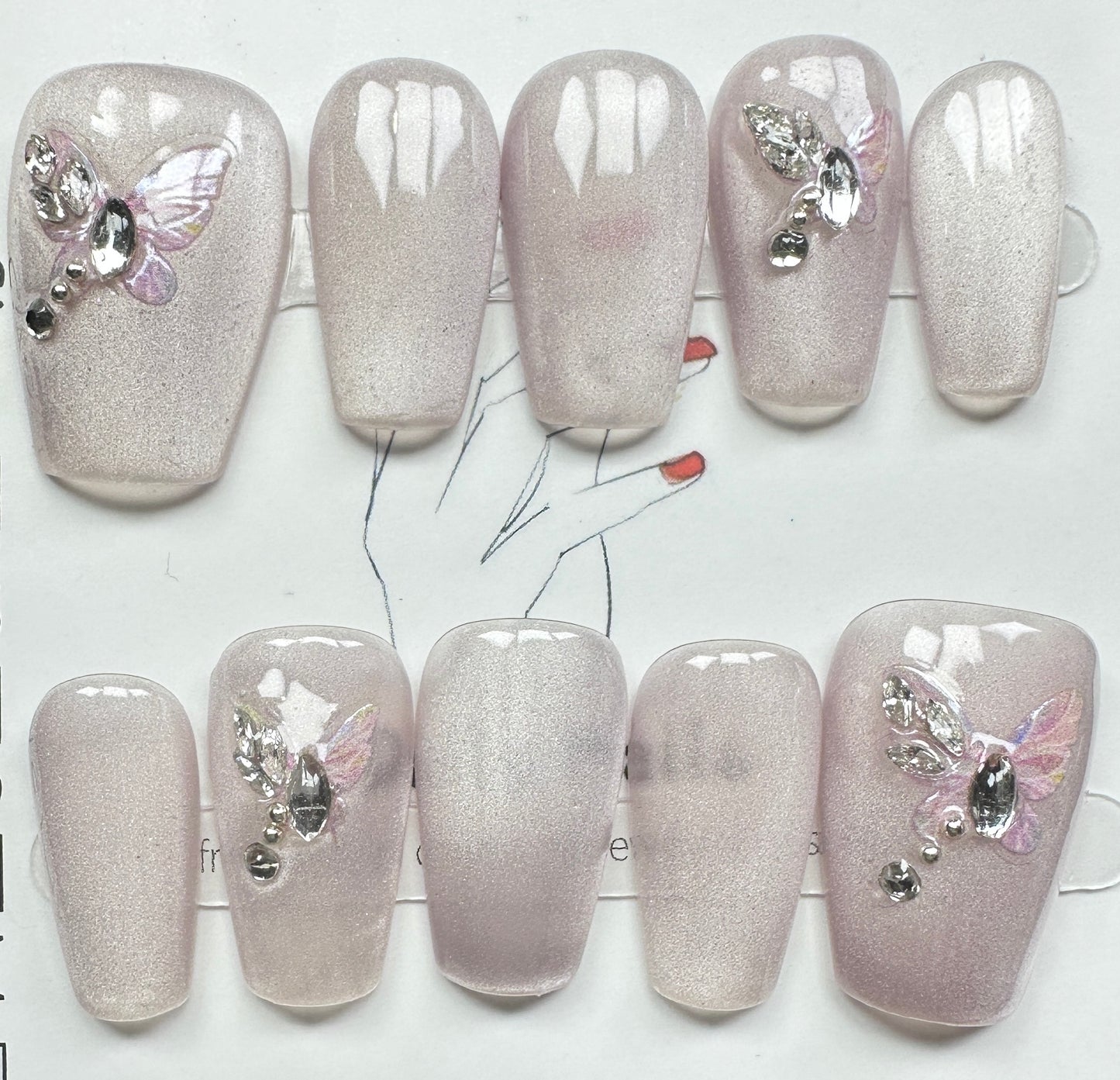 Luxury Silver White Cat-Eye & Crystal Butterfly Press on Nails Australia | Medium Coffin | Daily Nails | Handmade Press on Nails |