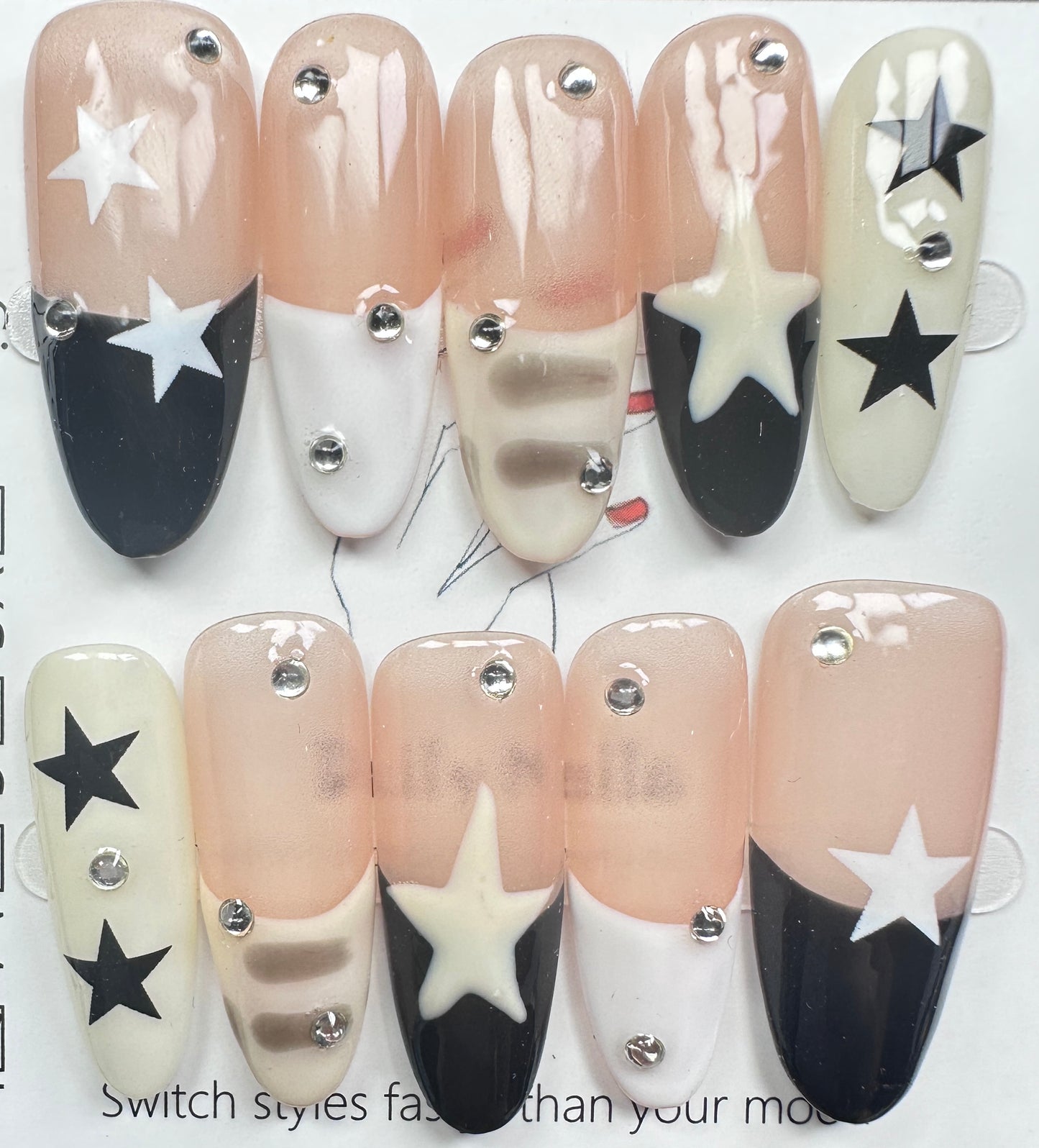 Y2K Starry Night & Black White French Press on Nails Australia | Long Almond | Daily Nails | Handmade Press on Nails |