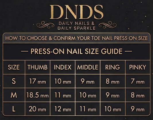 Press-on nail size guide with measurements for different toe nail sizes on a black background.