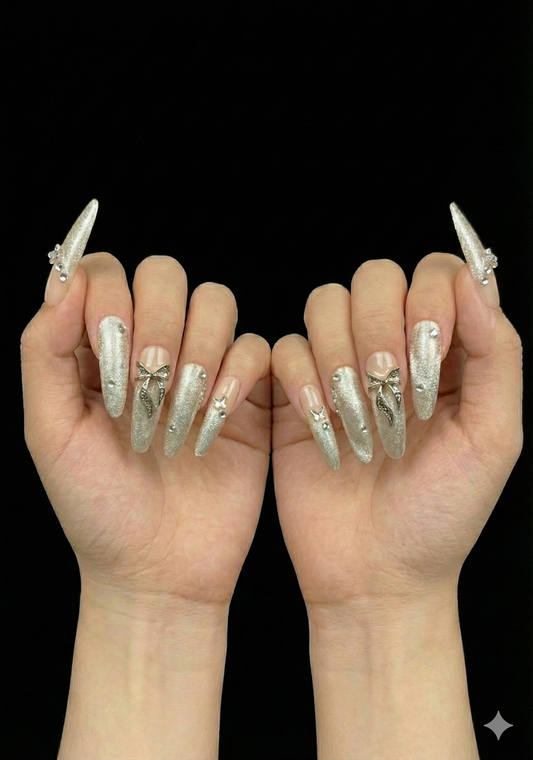 Silver Bow Glamour Extra Long Oval Handmade Press-On Nails | 316062026