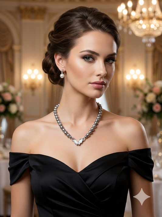 Perched Butterfly Grey Pearl Necklace