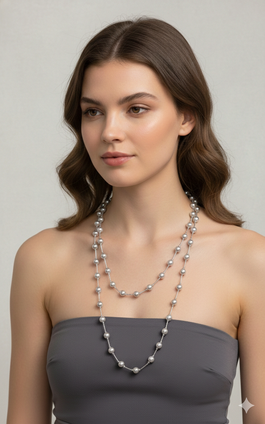 Woven Silhouette · Grey Pearl & Tube Wrap Necklace