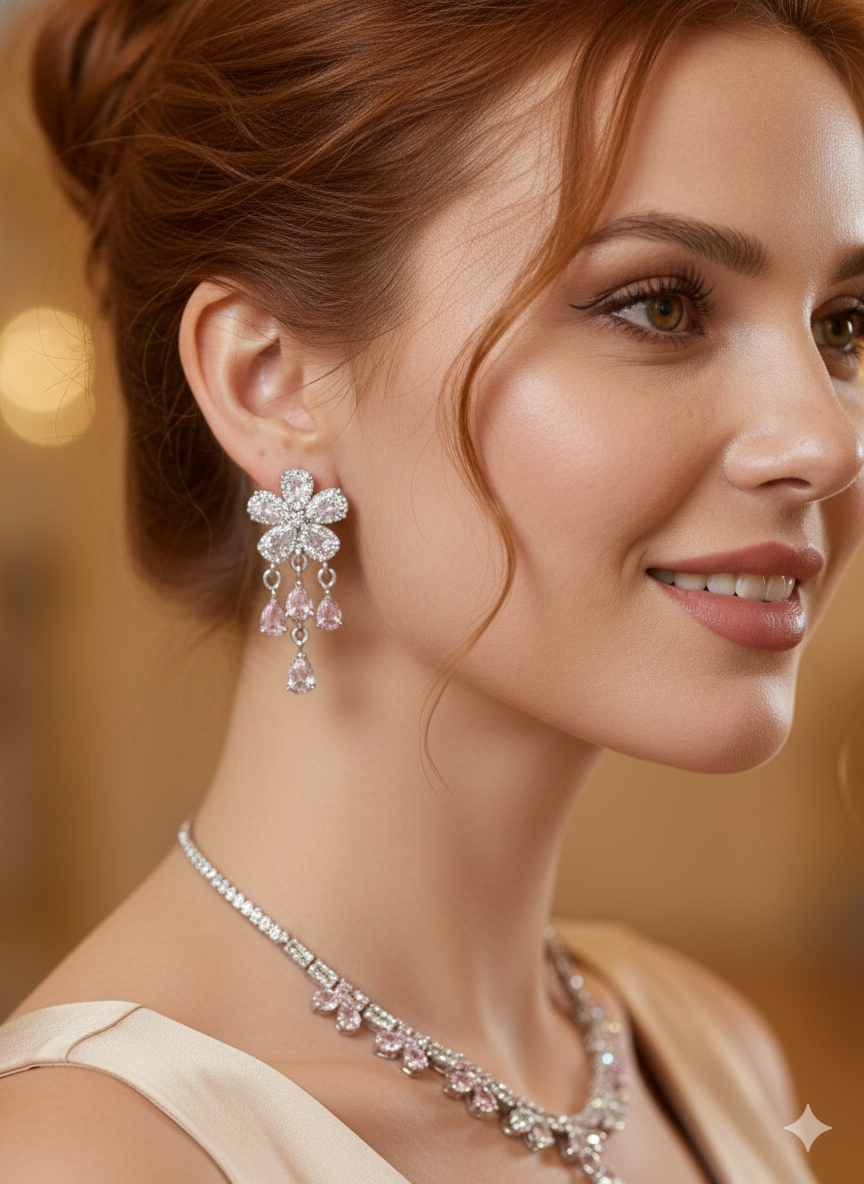 Rose Garden Floral Jewelry Set – Faceted Stones on Gold-Plated White Copper | DN-DS | Luxury Gift-Ready Jewelry Set