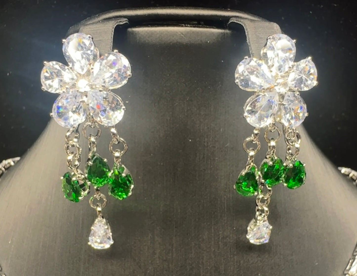 Royal Emerald Floral Set – Green & Clear Faceted Stones on Gold-Plated White Copper