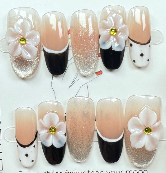Elegant French & Floral Press on Nails Australia | Medium Oval |Daily Nails | Handmade Press on Nails