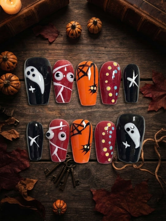 Halloween Medium Coffin Press-On Nails – Ghost & Mummy Art | DNDS