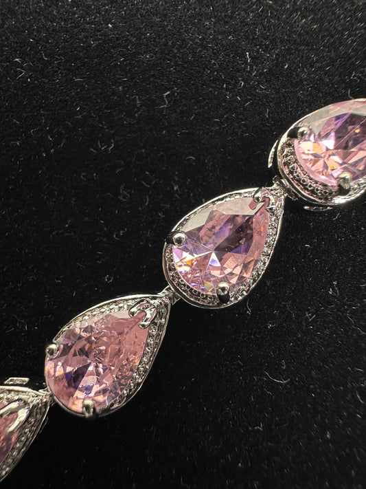 Luxury Pink Teardrop Halo Cubic Zirconia Link Bracelet | Premium 18K Gold Plated Brass, Fixed 18cm Length