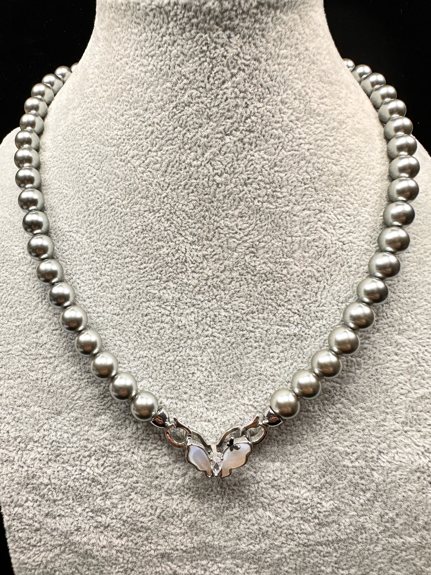 Perched Butterfly Grey Pearl Necklace