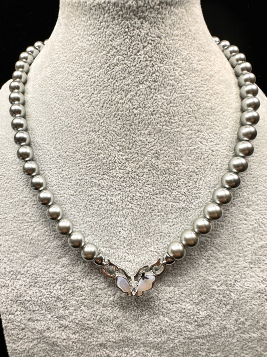 Grey Simulated Pearl Butterfly Necklace | Mother-of-Pearl Clasp