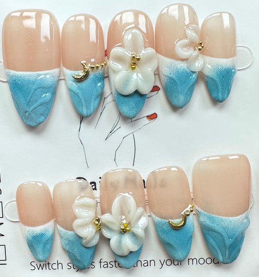 Textured Blue French & Floral Press on Nails Australia | Medium Almond |Daily Nails | Handmade Press on Nails
