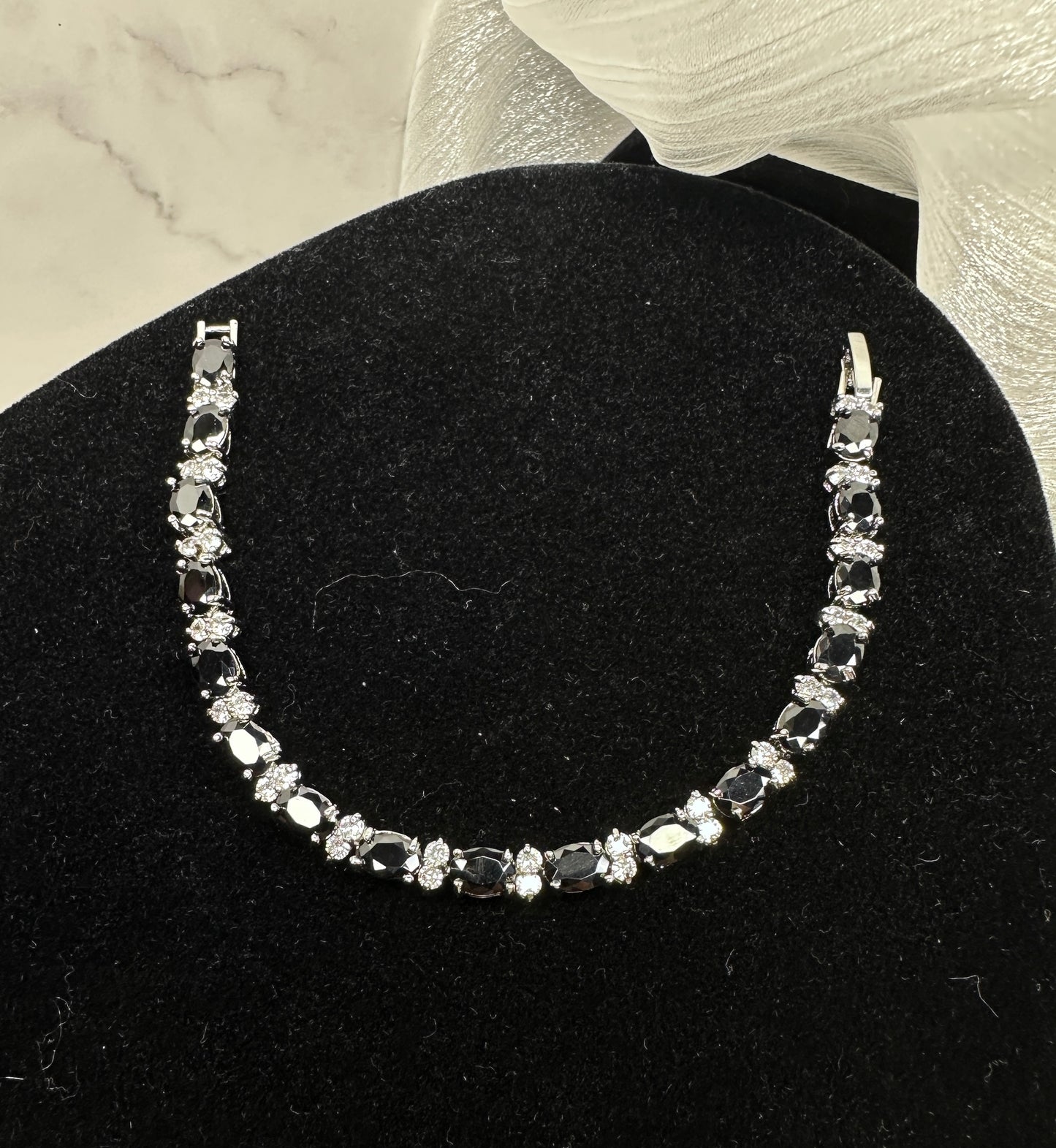 Gothic Luxury Black Oval Cubic Zirconia Tennis Bracelet | Premium Platinum-Plated Brass, Seamless Fixed 18cm Length
