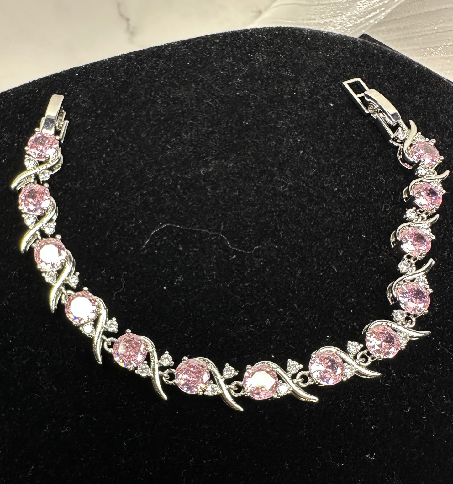 Romantic Pink Round Brilliant Cubic Zirconia Wave Link Bracelet | Premium 18K Gold Plated Brass, Adjustable Length (16.5cm - 17.5cm)