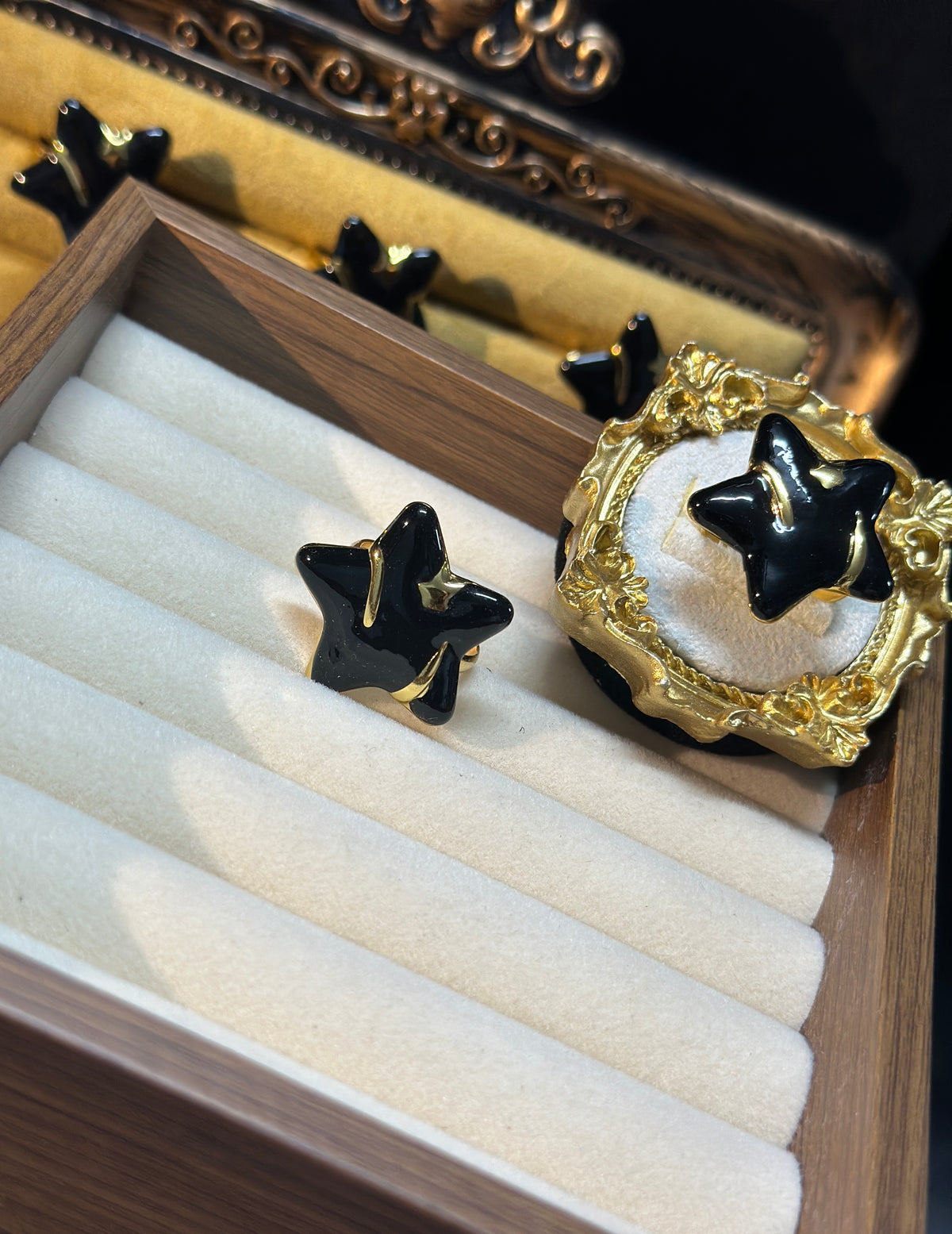 Black enamel star adjustable stainless steel ring with PVD gold finish