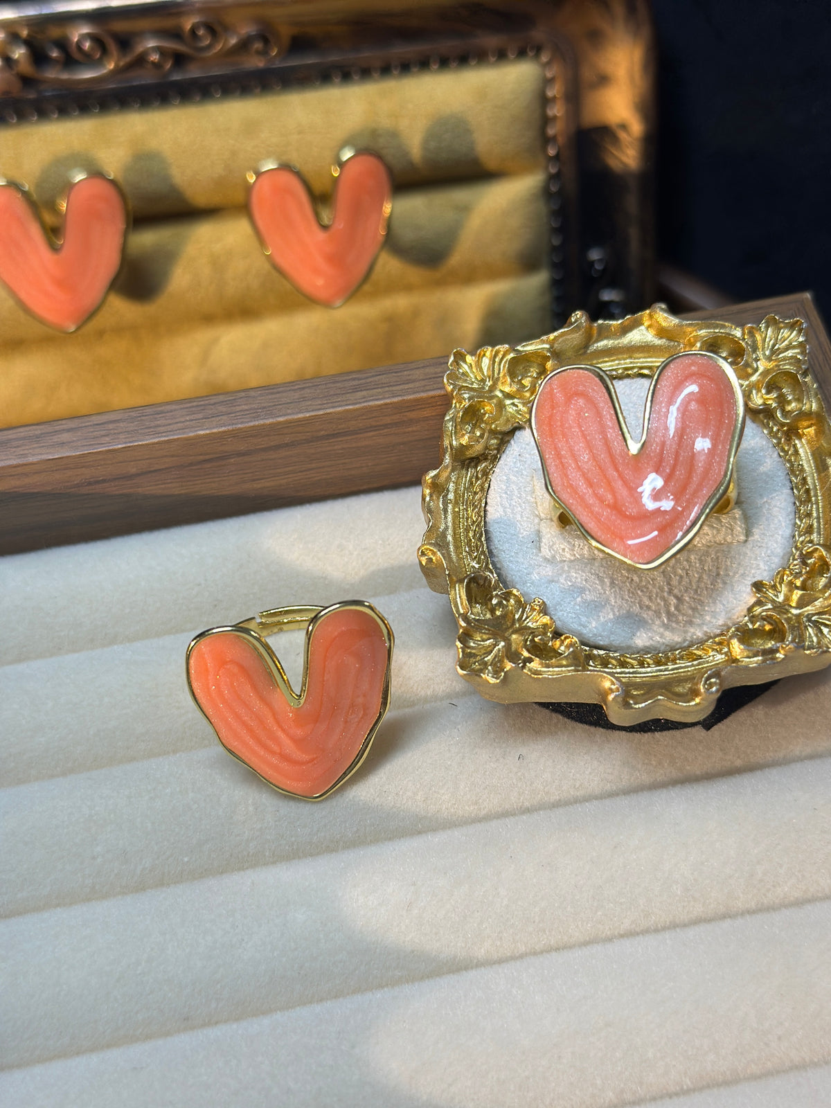 Orange-pink enamel heart adjustable stainless steel ring with PVD gold finish
