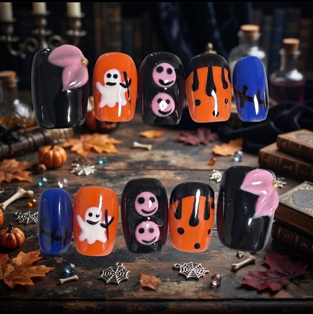 Halloween Short Square Press-On Nails – Cute Ghost & Drip Art | DNDS