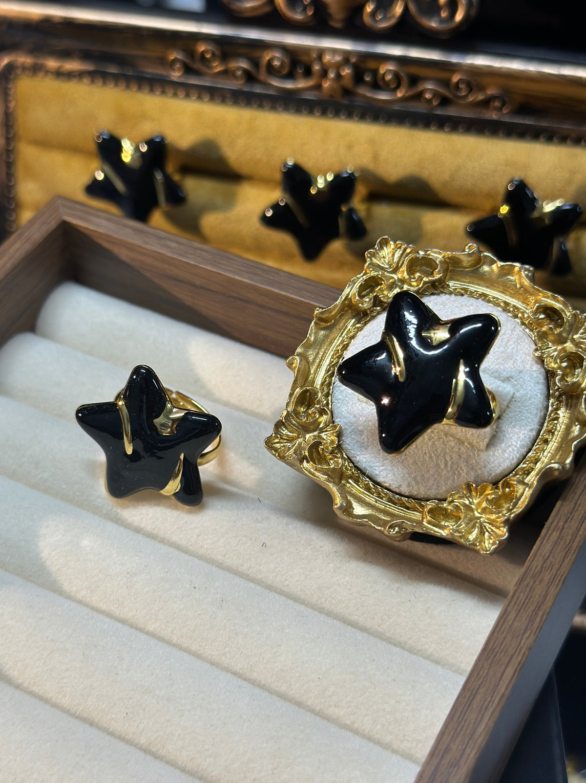 Black enamel star adjustable stainless steel ring with PVD gold finish