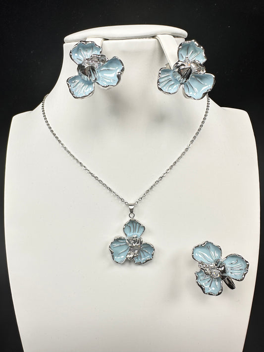 Azure Bloom Trio Set (Necklace, Earrings, Ring)