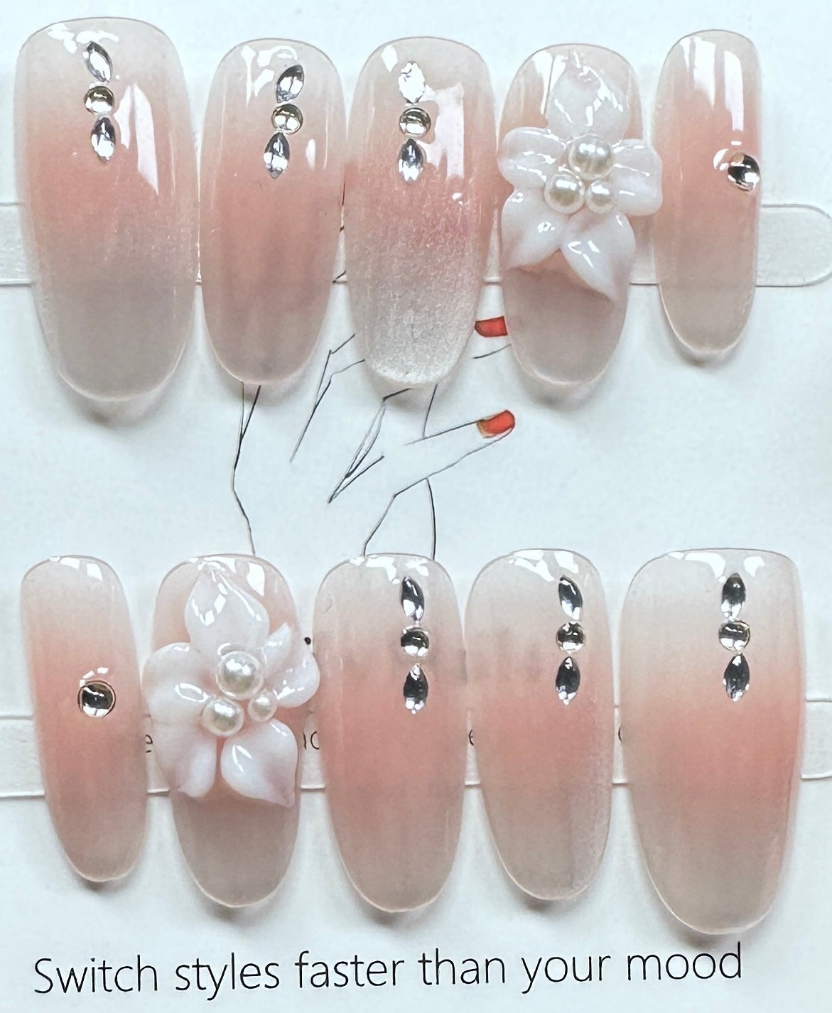 Pearlescent Floral & Gem Press on Nails Australia | Medium Oval |Daily Nails | Handmade Press on Nails