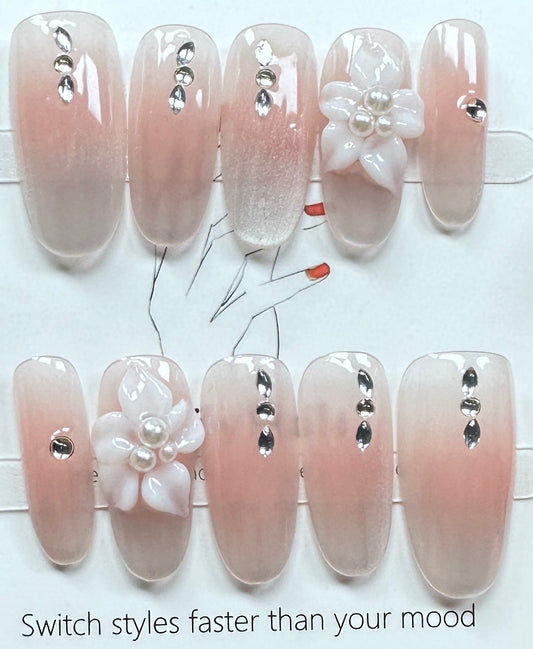 Pearlescent Floral & Gem Press on Nails Australia | Medium Oval |Daily Nails | Handmade Press on Nails