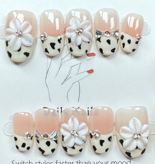 Cow Print & Floral Press on Nails Australia | Short Oval |Daily Nails | Handmade Press on Nails