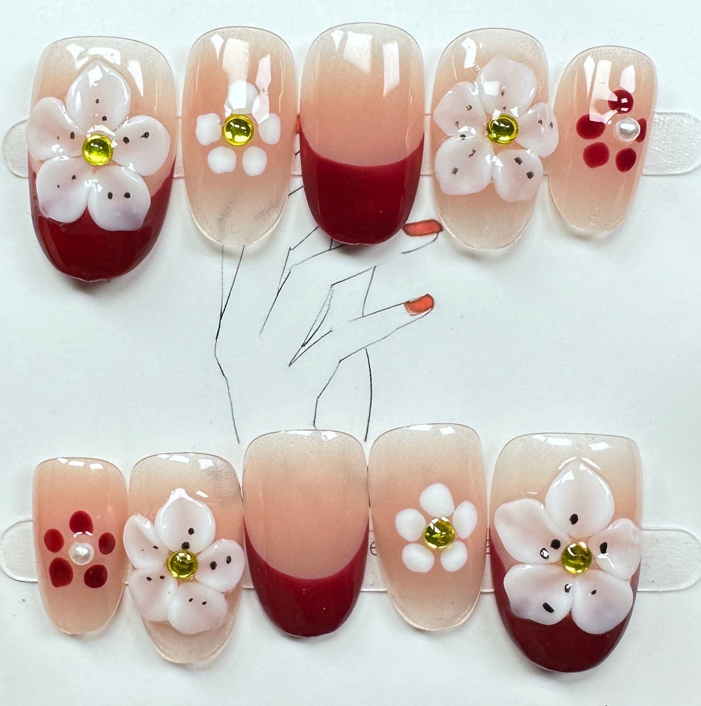 Vintage Red French Floral Press on Nails Australia | Short Oval |Daily Nails | Handmade Press on Nails